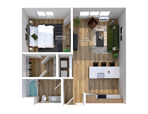 Floor plan for 1 bed, 1 bath, 686 sqft